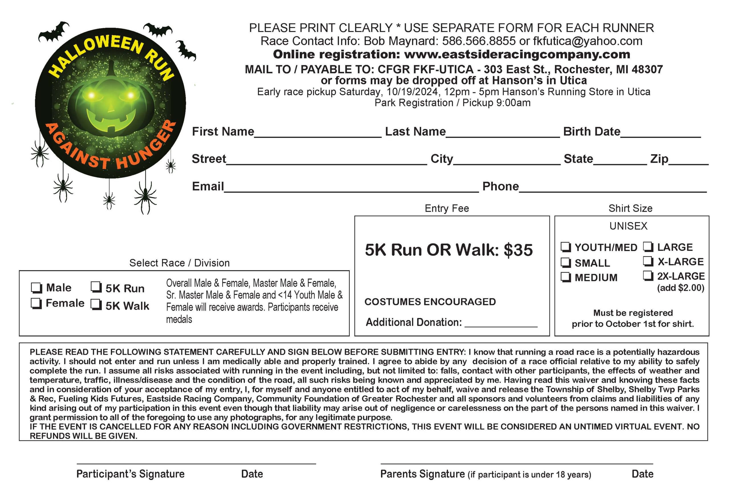 Utica Halloween run against hunger flyer 2024 - back